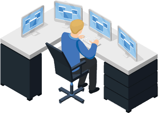 it person at desk with 4 screens